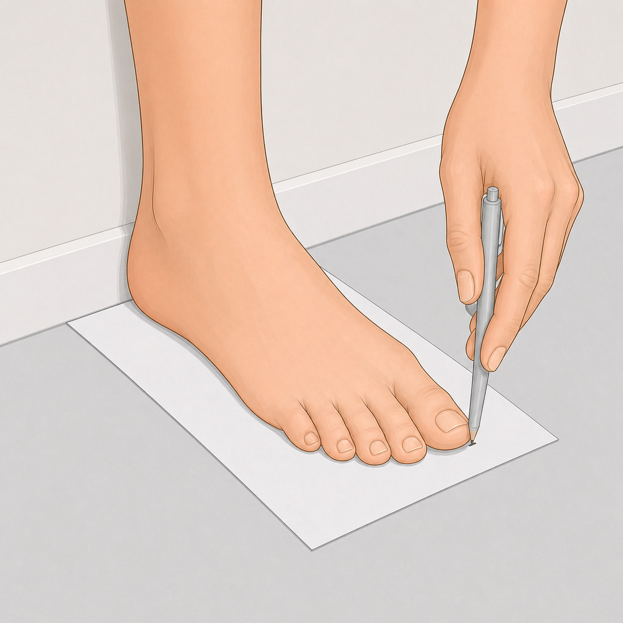 Marking the longest toe on paper to measure foot length for FlowFlip Co. flip flop sizing