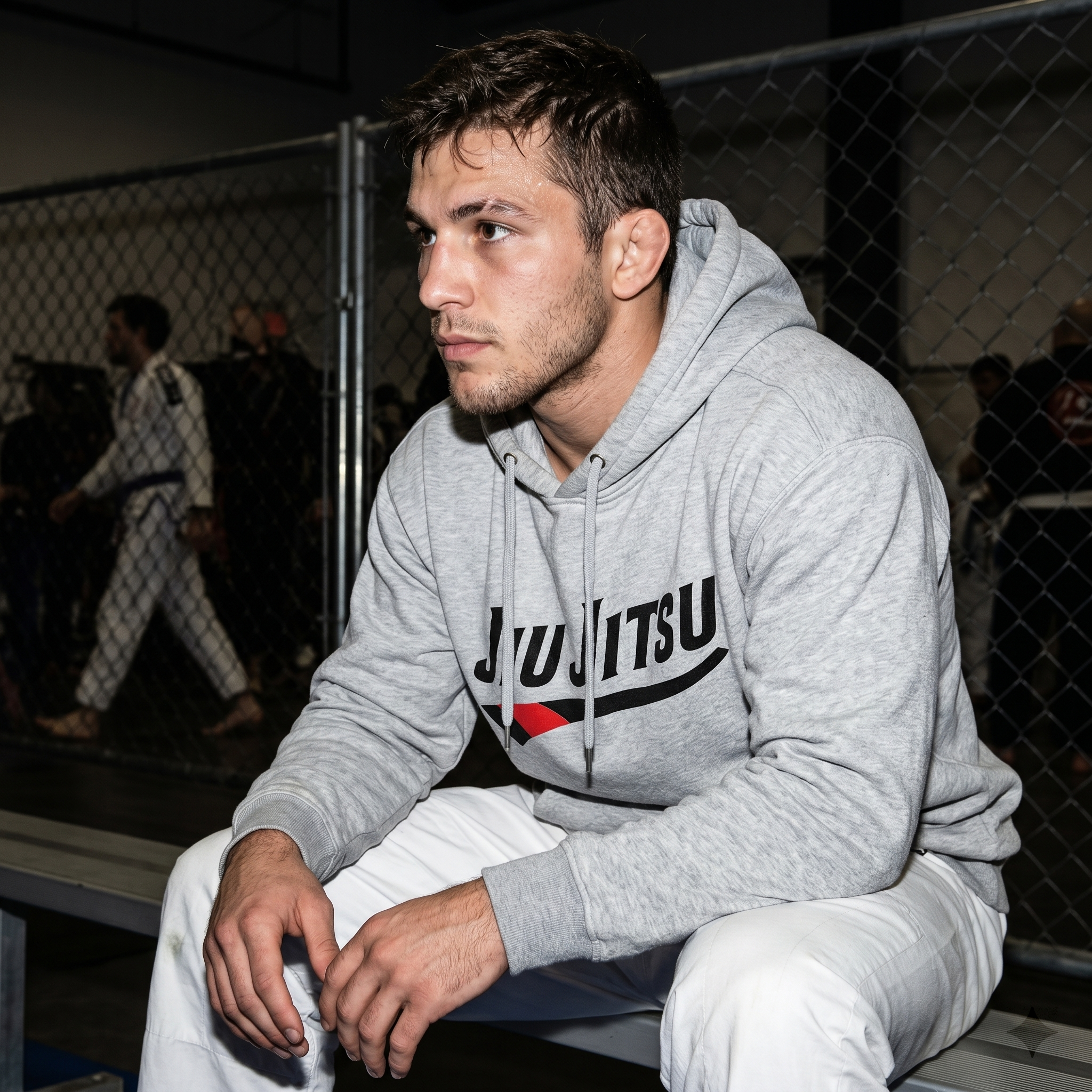BJJ person in a grey Jiu Jitsu hoodie seated beside the competition area between rounds