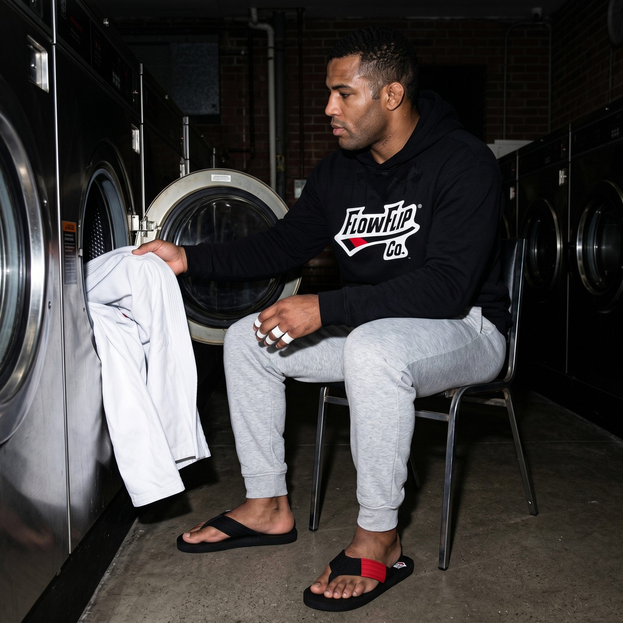 BJJ practitioner in a FlowFlip hoodie and black belt flip flops loading a gi into a washing machine after training