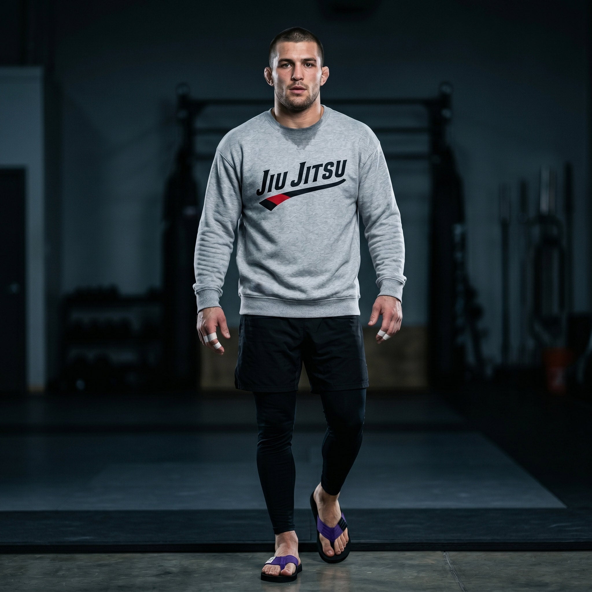 Adult BJJ practitioner wearing a grey Jiu Jitsu sweatshirt and purple belt flip flops off the mat