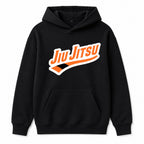 Flat front view of black orange belt Jiu Jitsu hoodie with orange rank chest artwork.