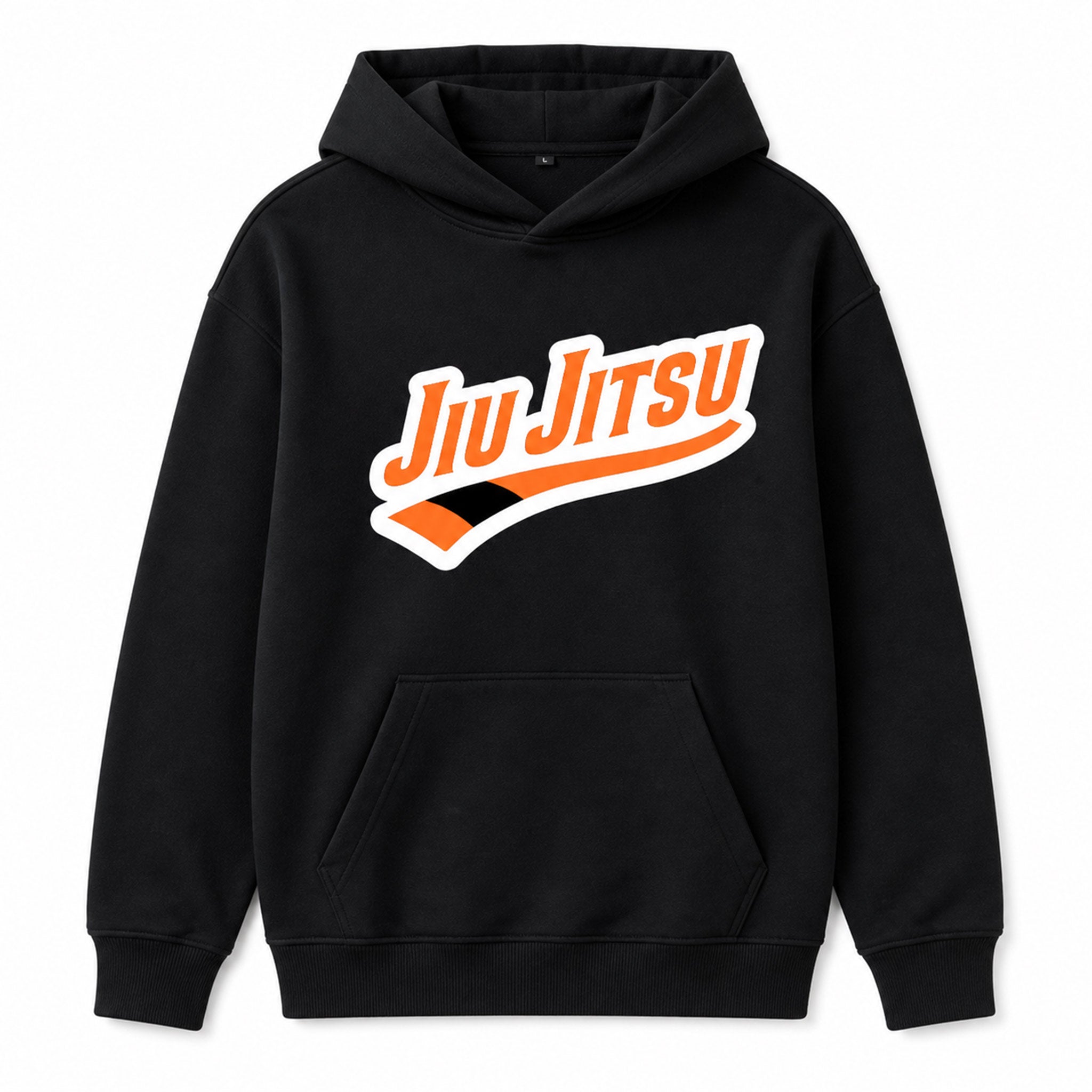 Black hoodie with 'Jiu Jitsu' text in orange and white on a white background