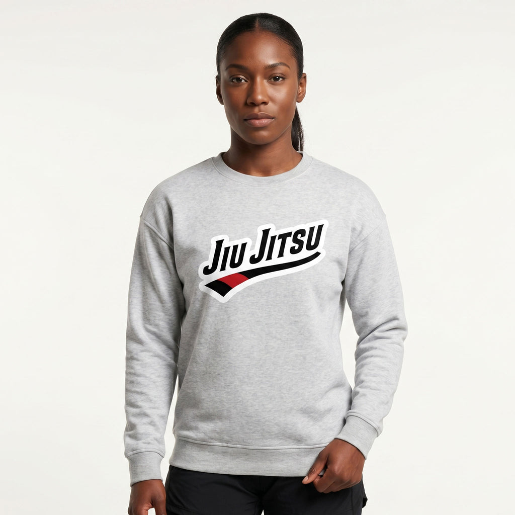 Grey Jiu Jitsu crewneck sweatshirt worn by female in front view with chest artwork.