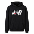 Flat front view of black Jiu Jitsu hoodie with FlowFlip Co. chest logo.