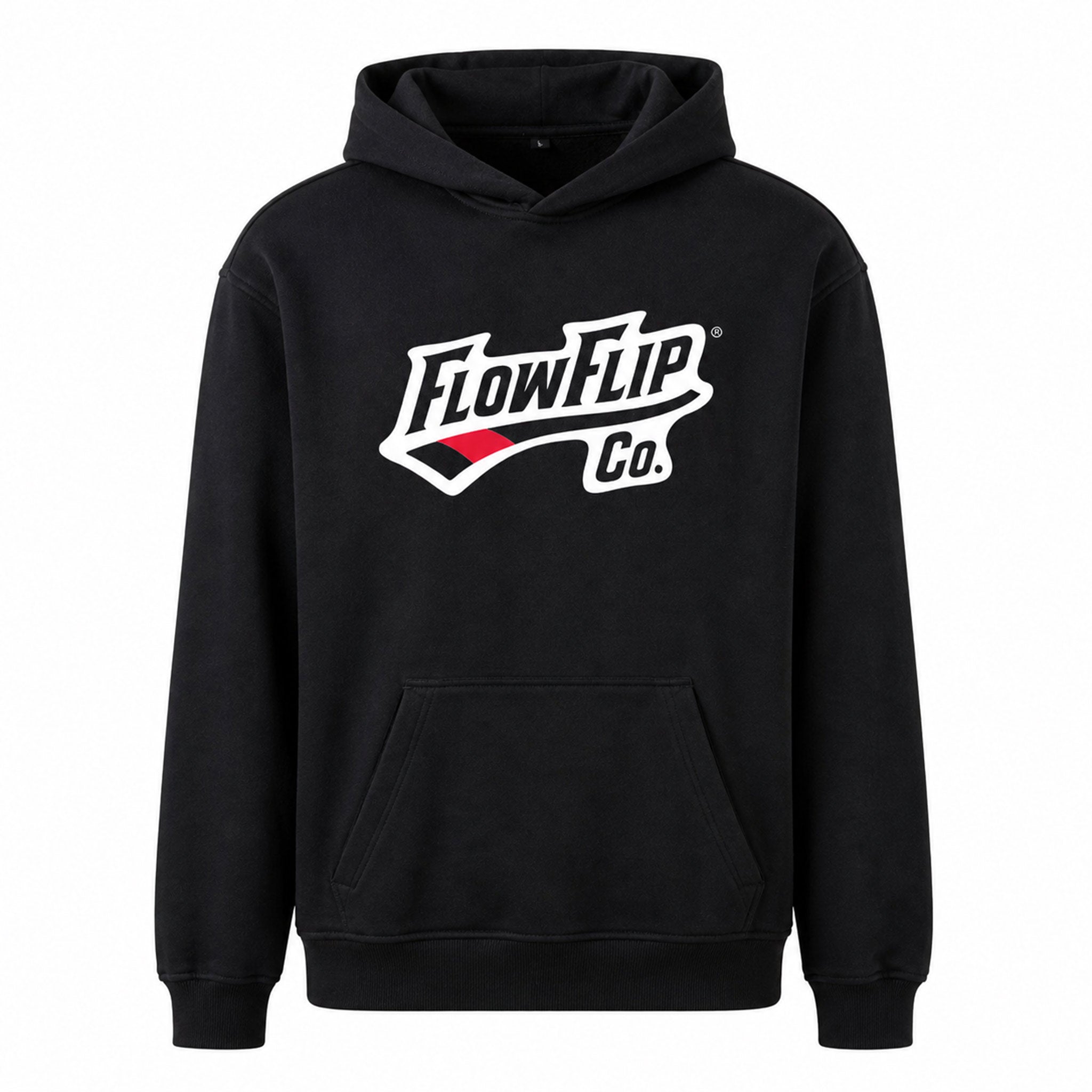 Flat front view of black Jiu Jitsu hoodie with FlowFlip Co. chest logo.
