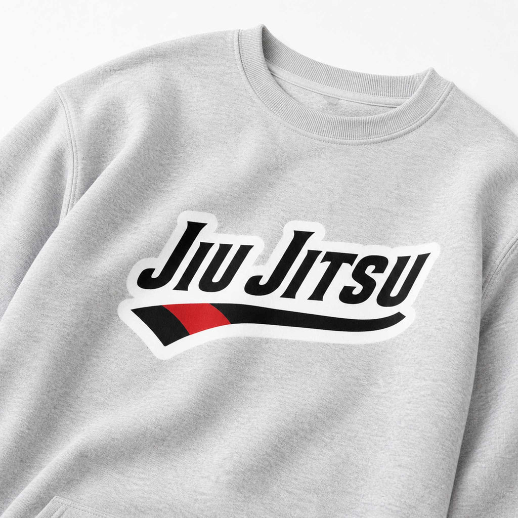 Close-up of chest artwork on grey Jiu Jitsu crewneck sweatshirt.