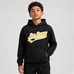 Yellow belt Jiu Jitsu hoodie worn in front view with yellow rank chest artwork.