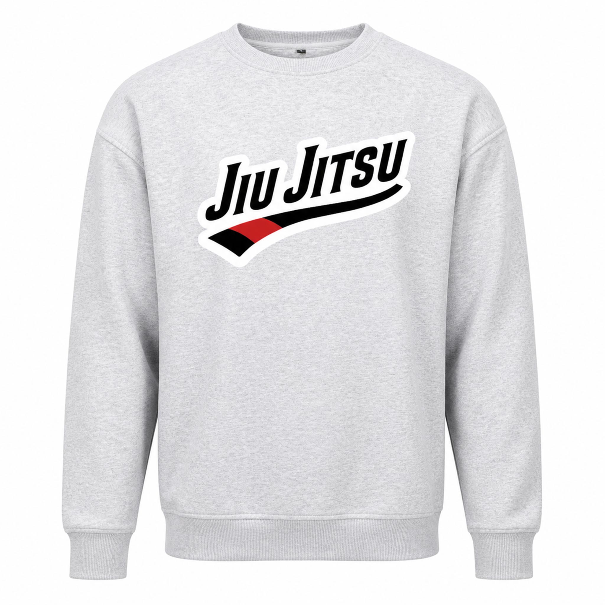 Flat front view of grey Jiu Jitsu crewneck sweatshirt with chest artwork.