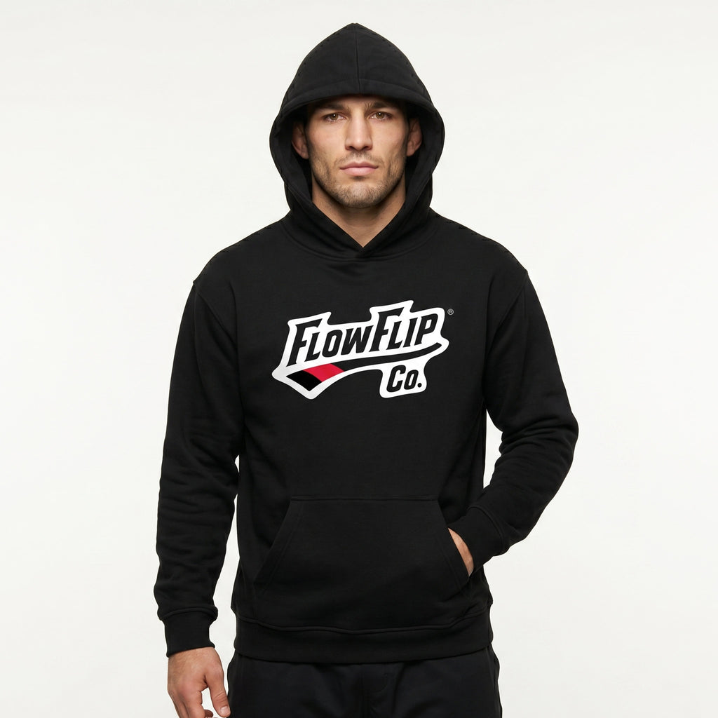 Black Jiu Jitsu hoodie worn in front view with FlowFlip Co. chest logo.