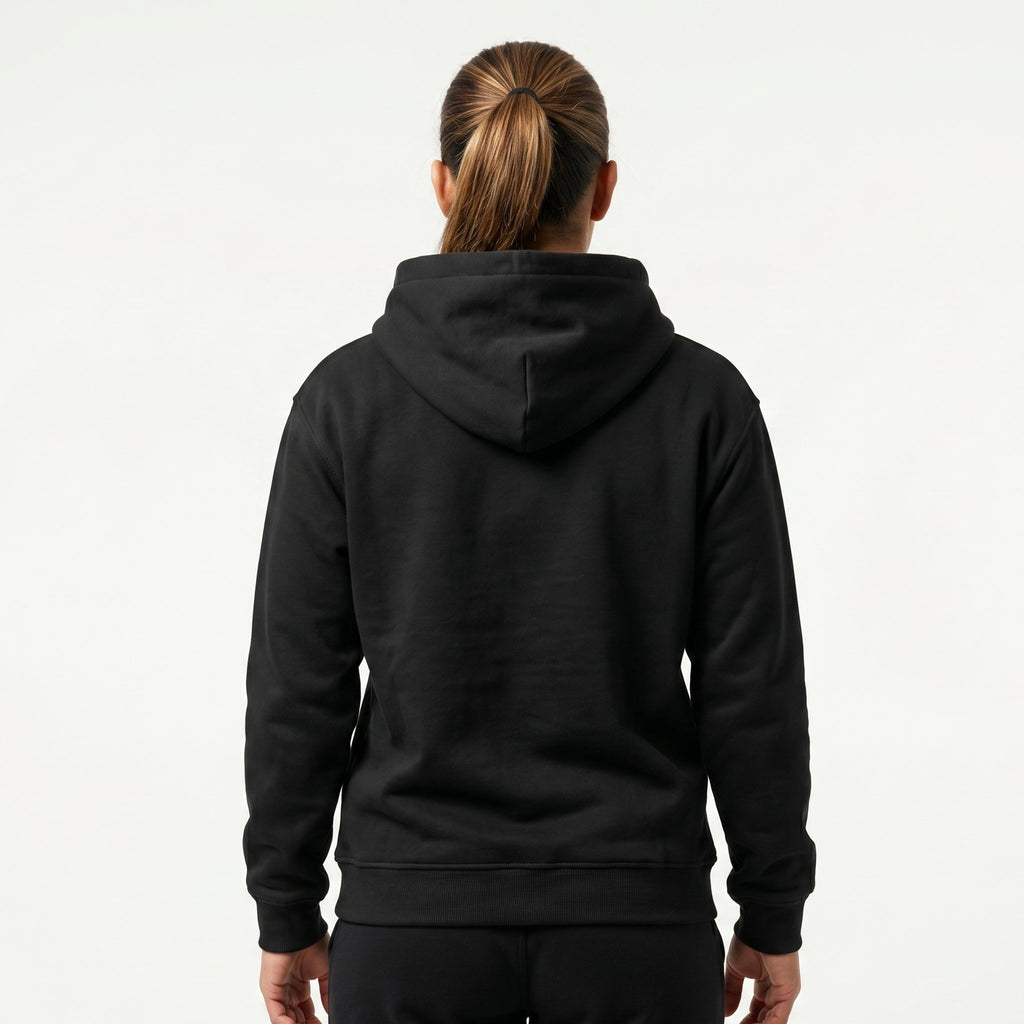 Back view of black FlowFlip Co. Jiu Jitsu hoodie.