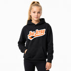 Orange belt Jiu Jitsu hoodie worn in front view with orange rank chest artwork visible.