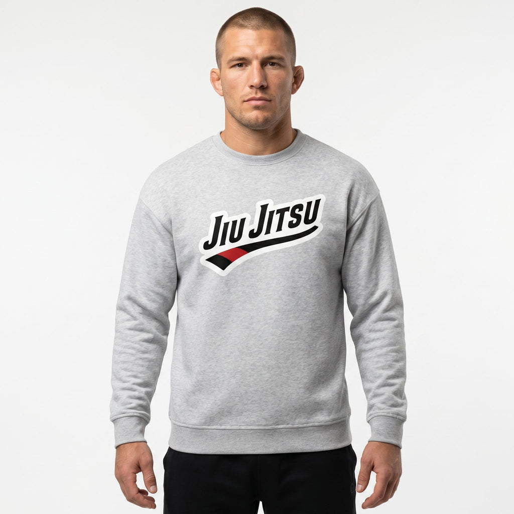 Grey Jiu Jitsu crewneck sweatshirt worn by male in front view with chest artwork.