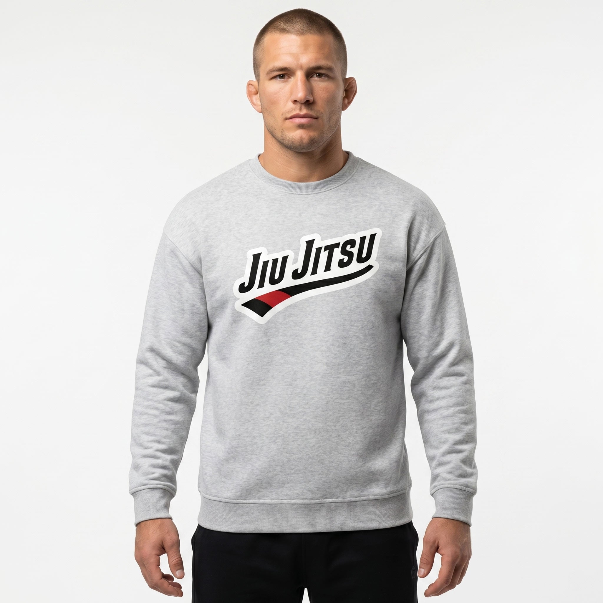 Grey Jiu Jitsu crewneck sweatshirt worn by male in front view with chest artwork.