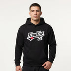 Black Jiu Jitsu hoodie worn in front view with FlowFlip Co. chest logo.