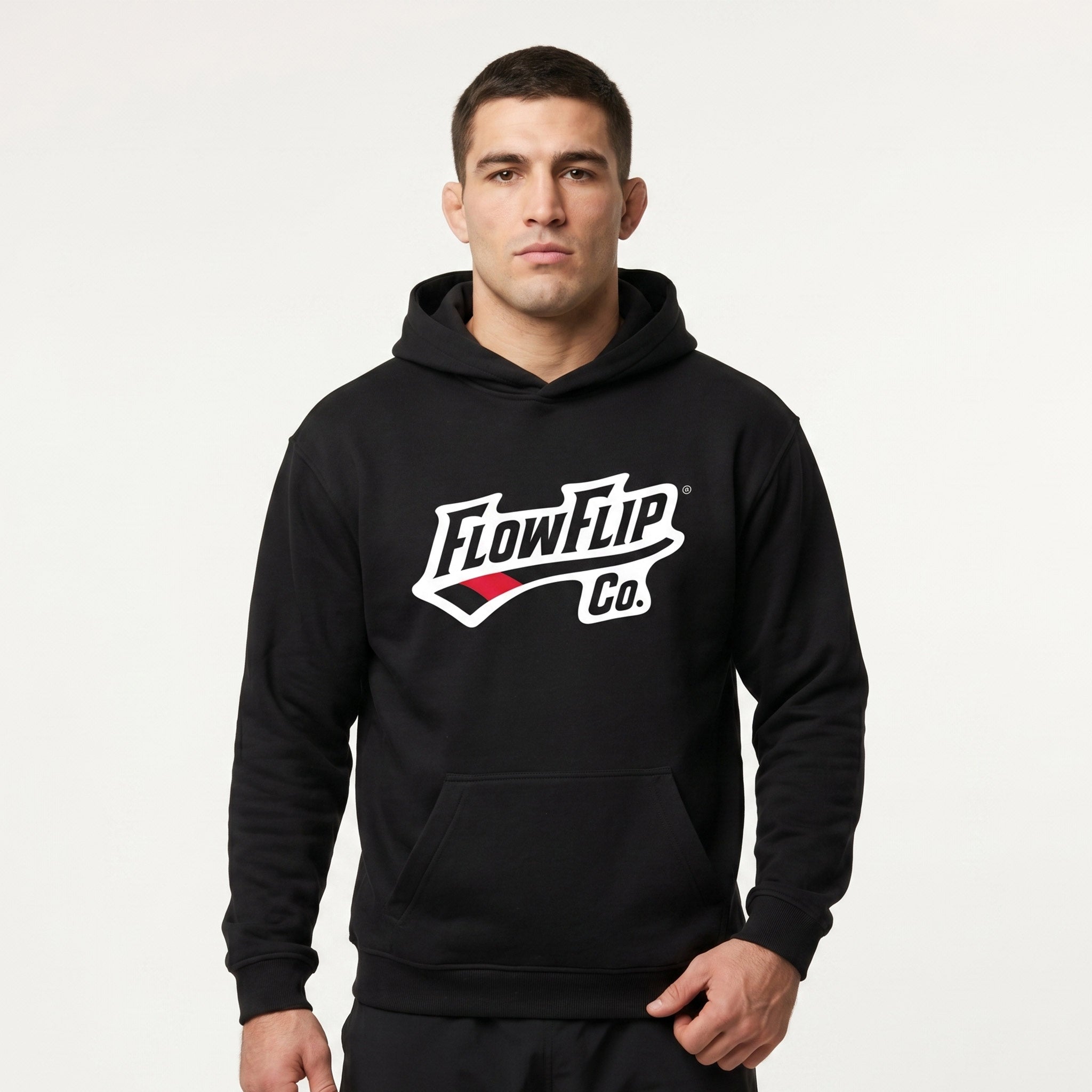 Black Jiu Jitsu hoodie worn in front view with FlowFlip Co. chest logo.